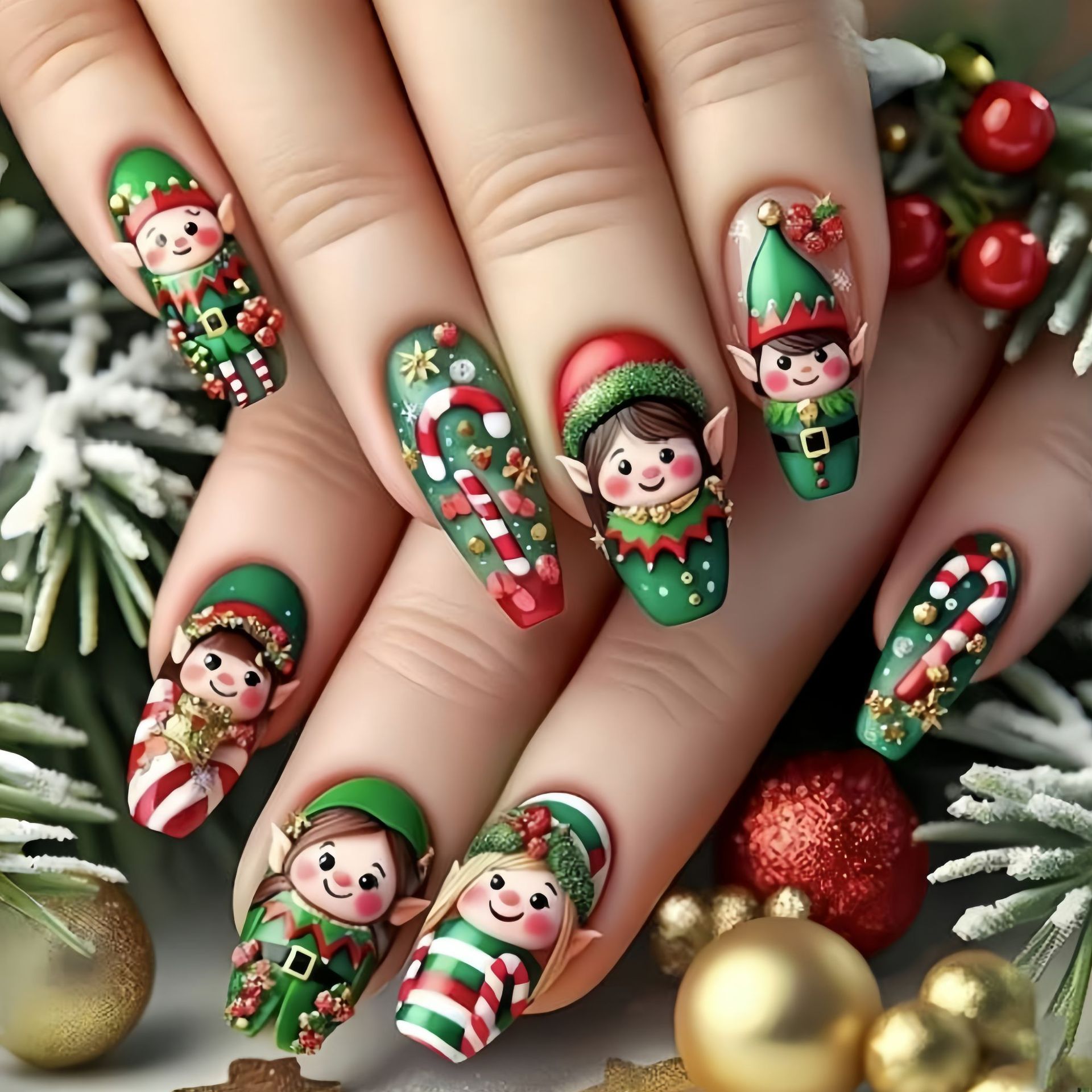 Nail Art Press On - Średnie sztuczne paznokcie na przyjęcie świąteczne,