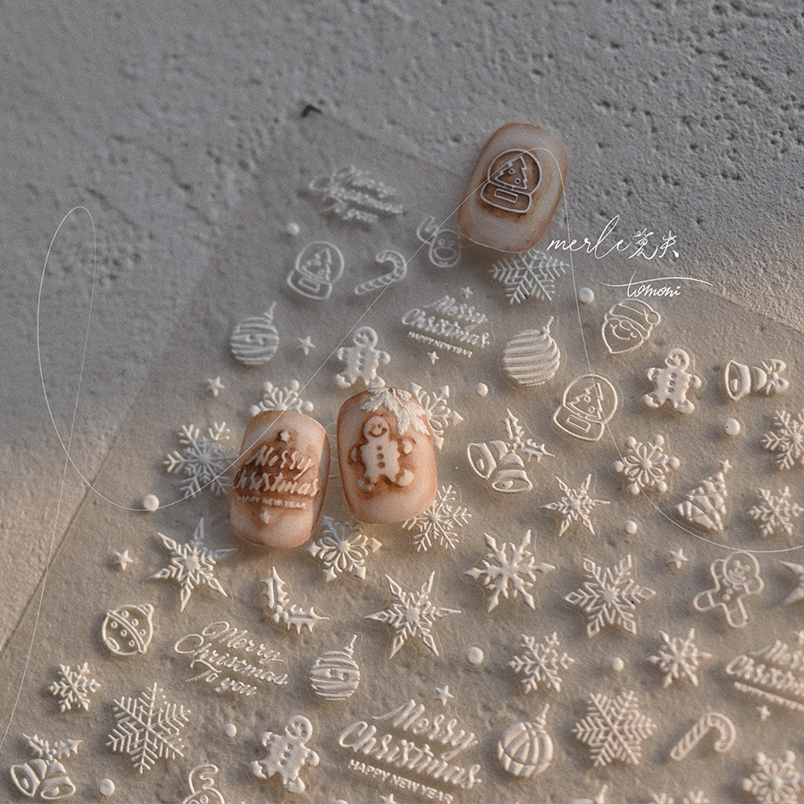 Nail Art Xmas Stickers - 5D Relief czysty biały wesołych świąt