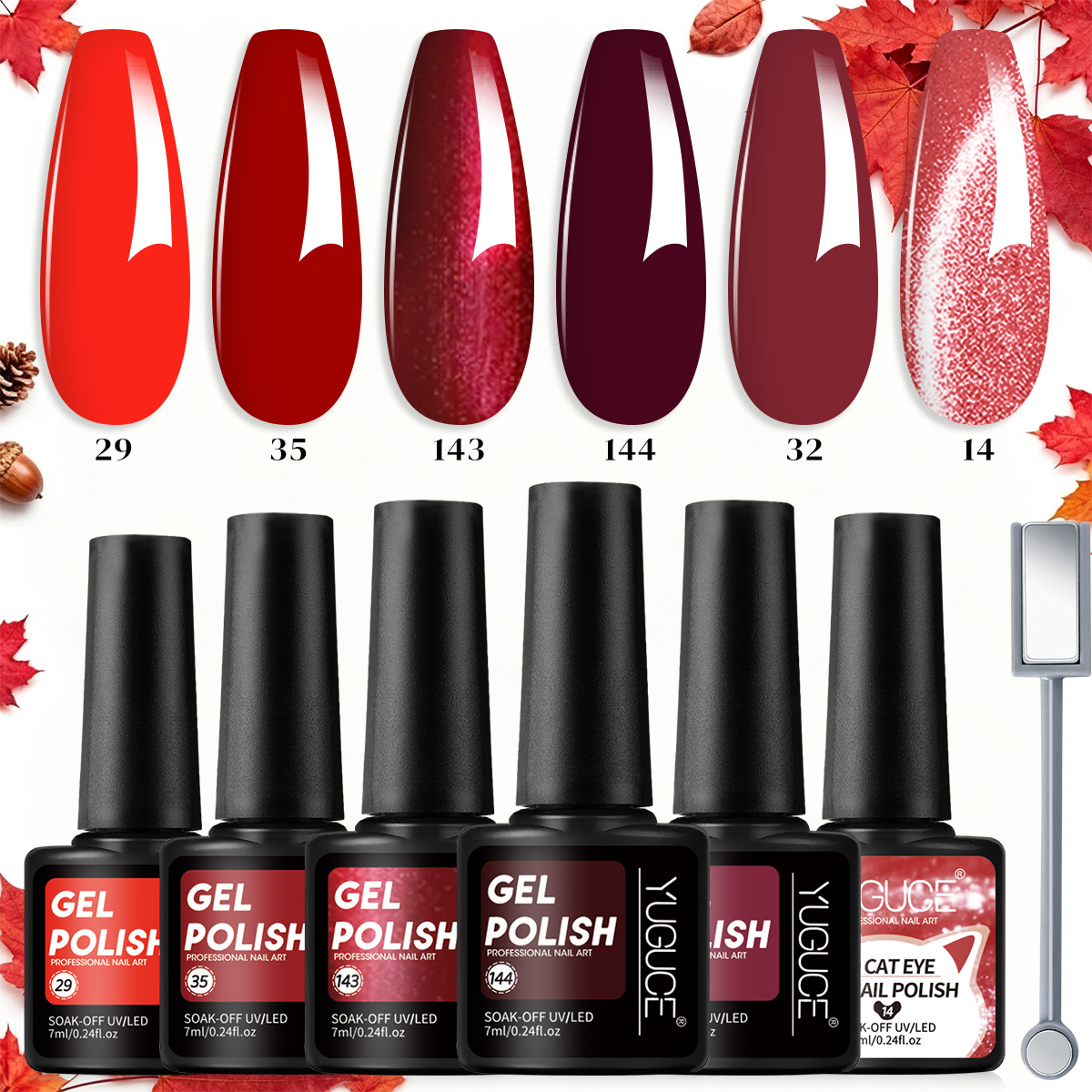 Nail Art Red Wine Cat Eye - 7-częściowy zestaw żelowych lakierów do paznokci