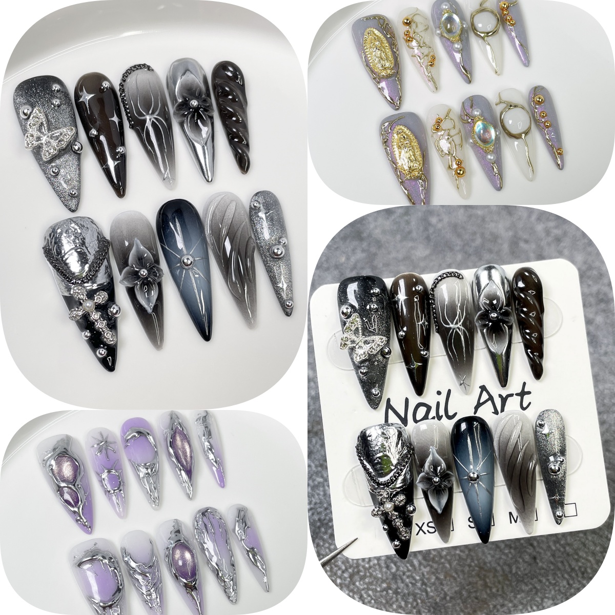 Nail Art Press On - 10 szt. Czarne Gradientowe Długie Paznokcie