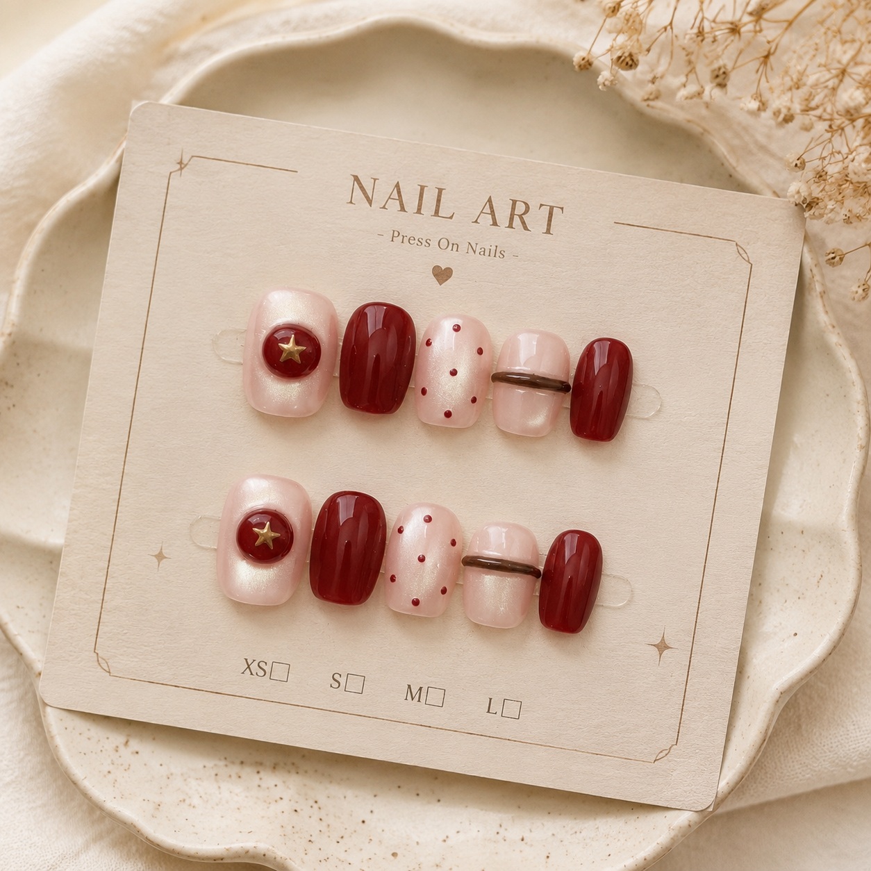 Nail Art Red Wine Cat Eye - 10 szt. Nude Perłowe Paznokcie Kocie